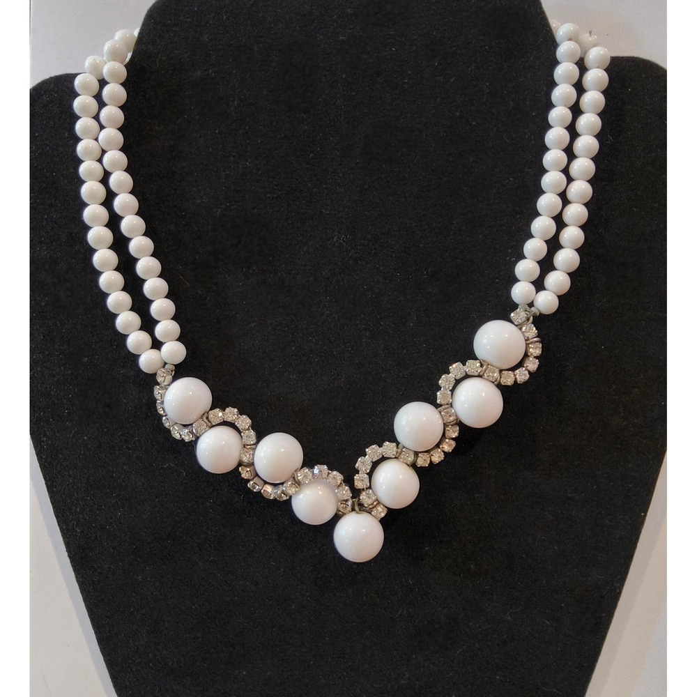 Vintage 1950s Milk Glass Rhinestone Double Strand Festoon Necklace